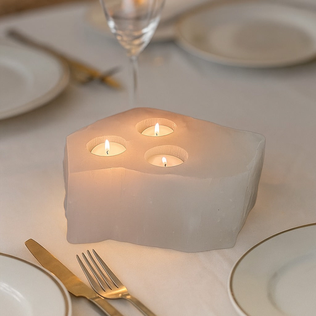 Selenite  Raw 3 Holes Candle Holder