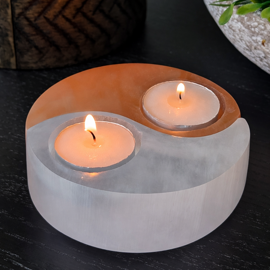 Selenite Tealight Candle Holder Ying Yang