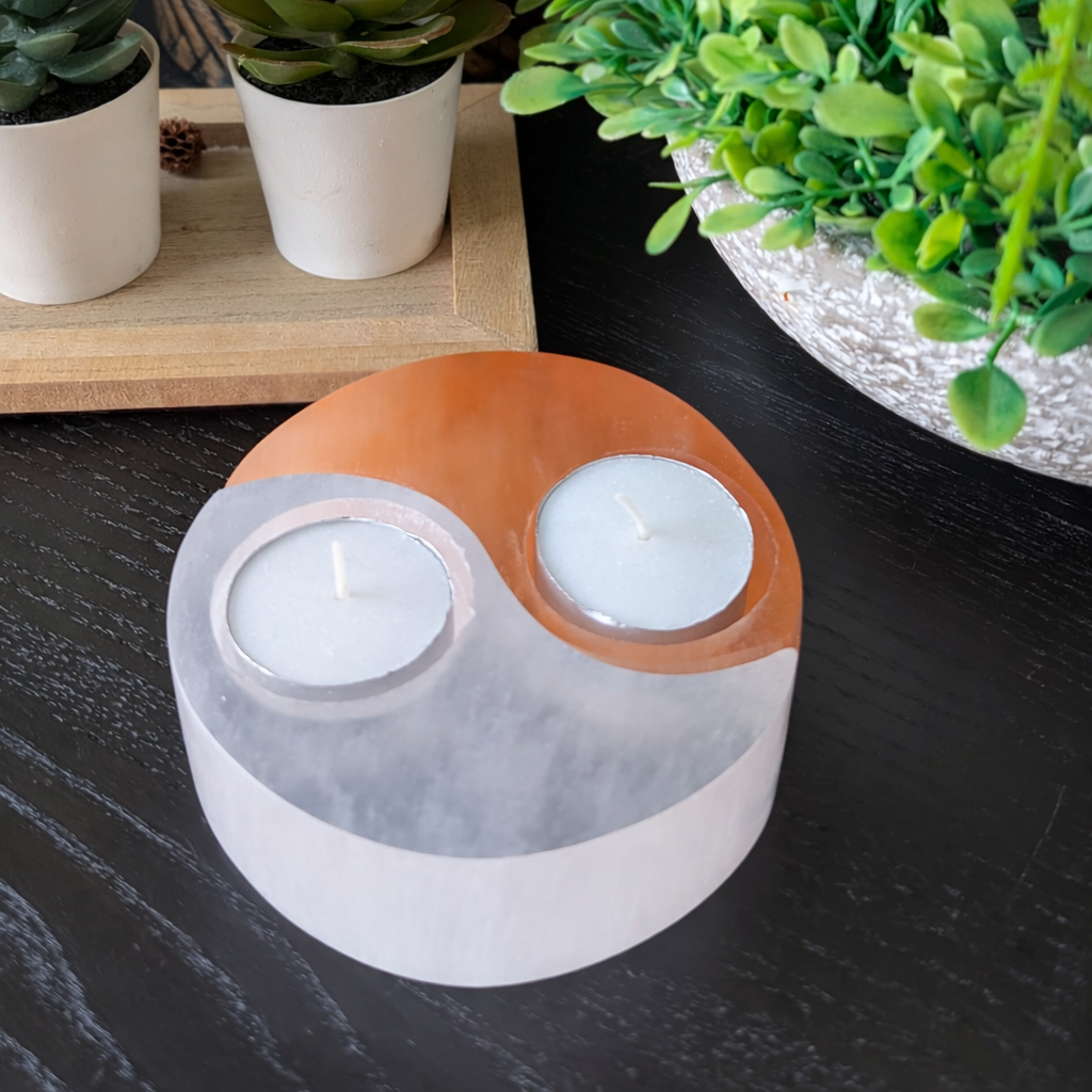 Selenite Tealight Candle Holder Ying Yang