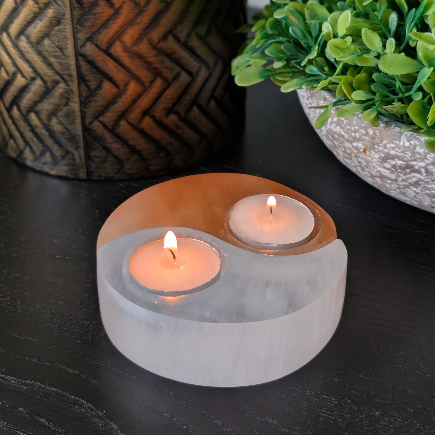 Selenite Tealight Candle Holder Ying Yang
