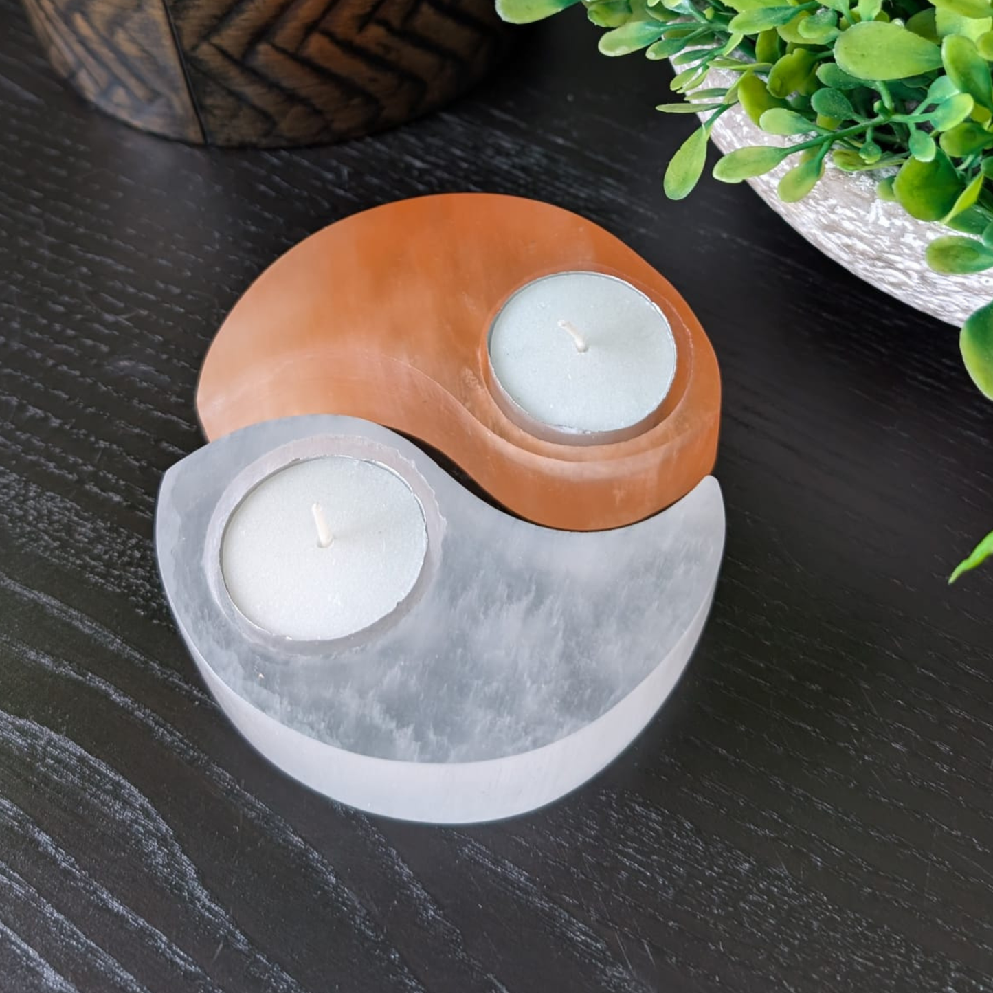 Selenite Tealight Candle Holder Ying Yang