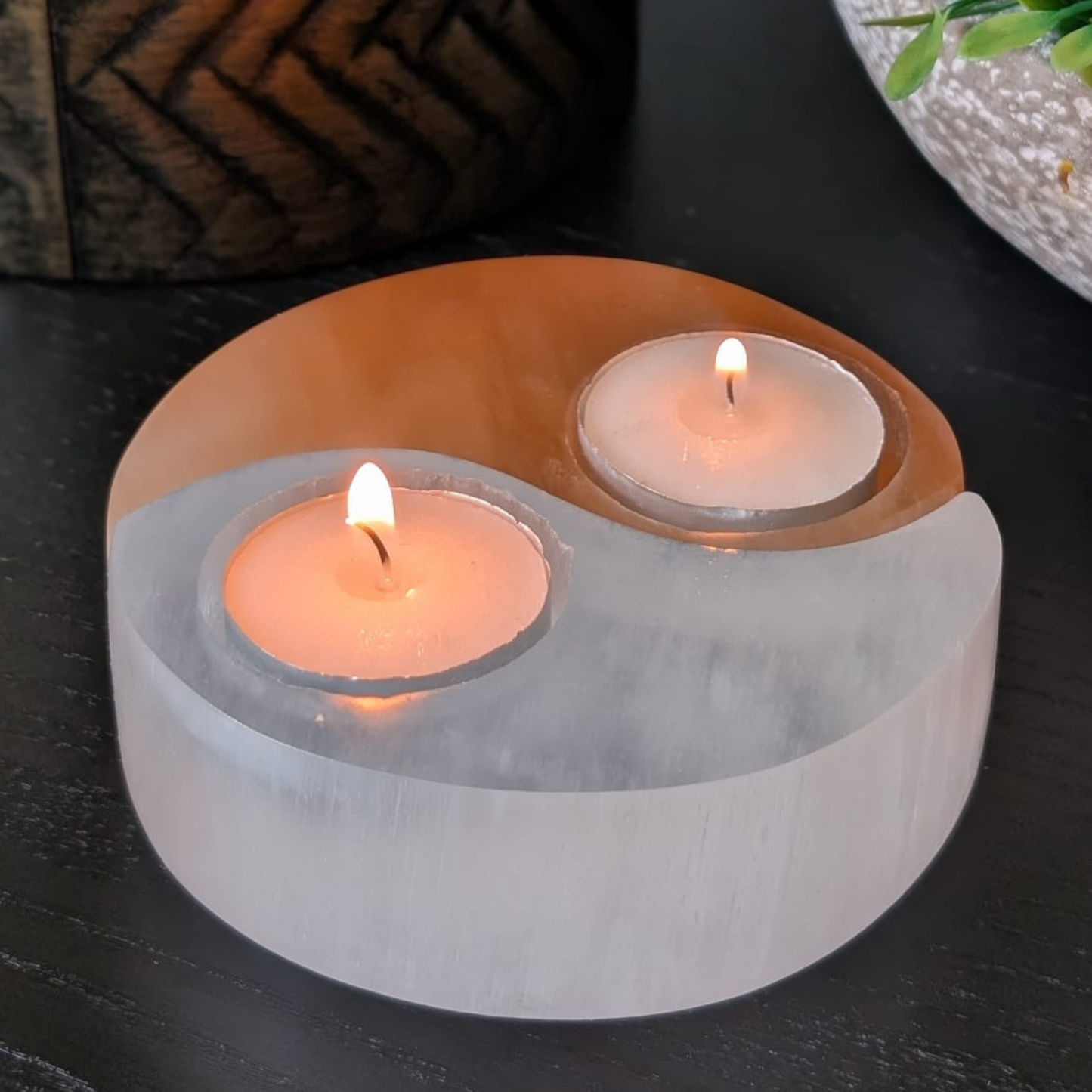 Selenite Tealight Candle Holder Ying Yang