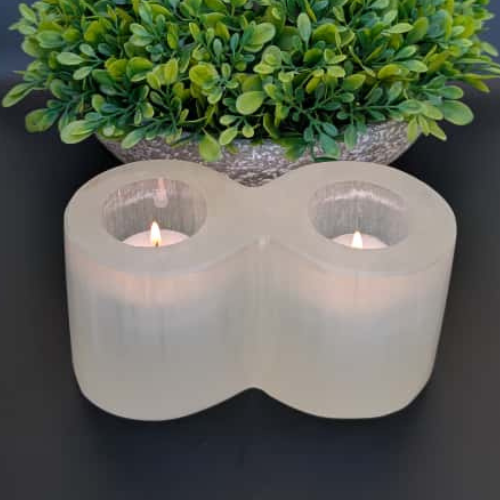 Selenite Tealight Holder - Cylinder 2 Holes - Himalayan         Glow