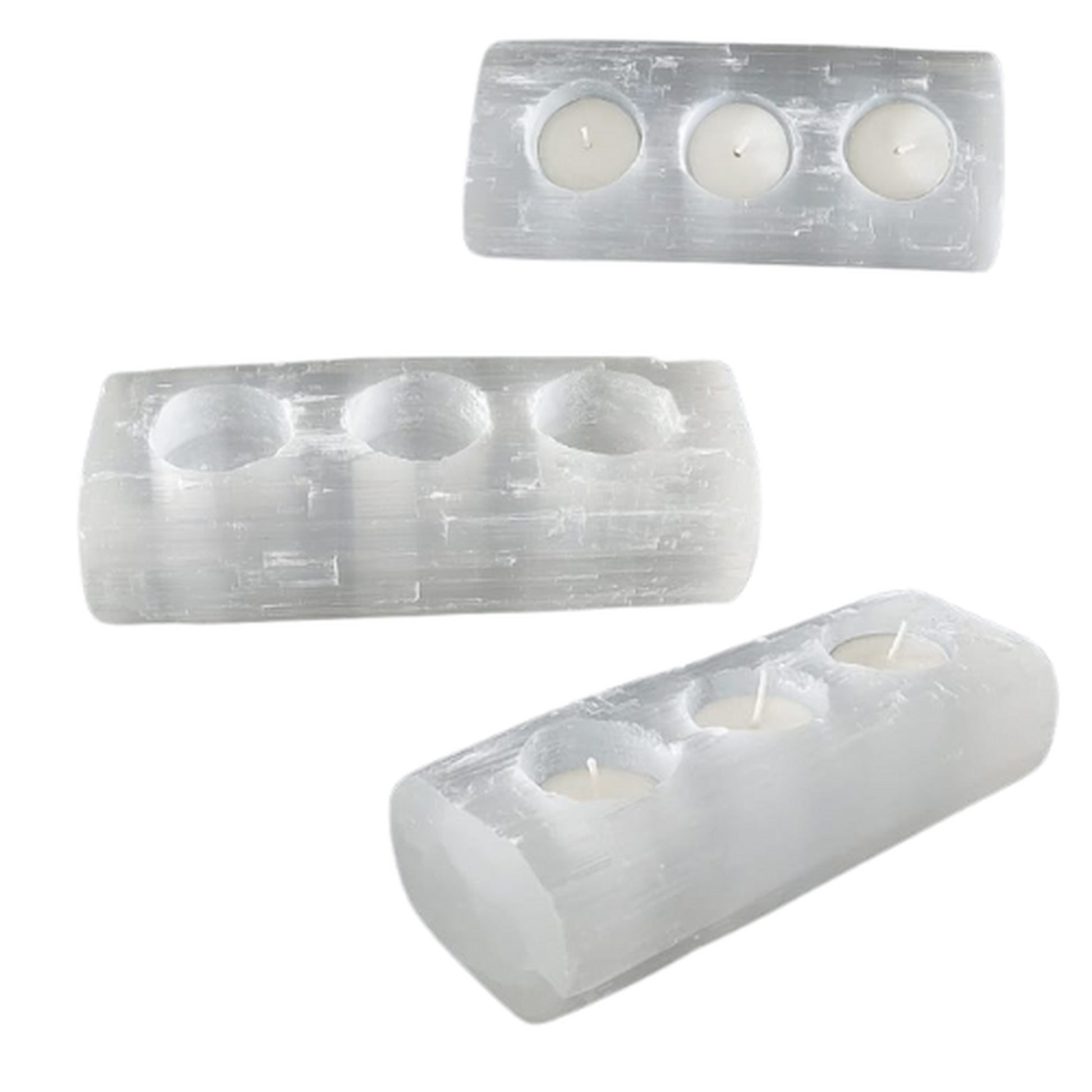 Selenite Tealight Holder – Bar 3 Holes - Himalayan         Glow