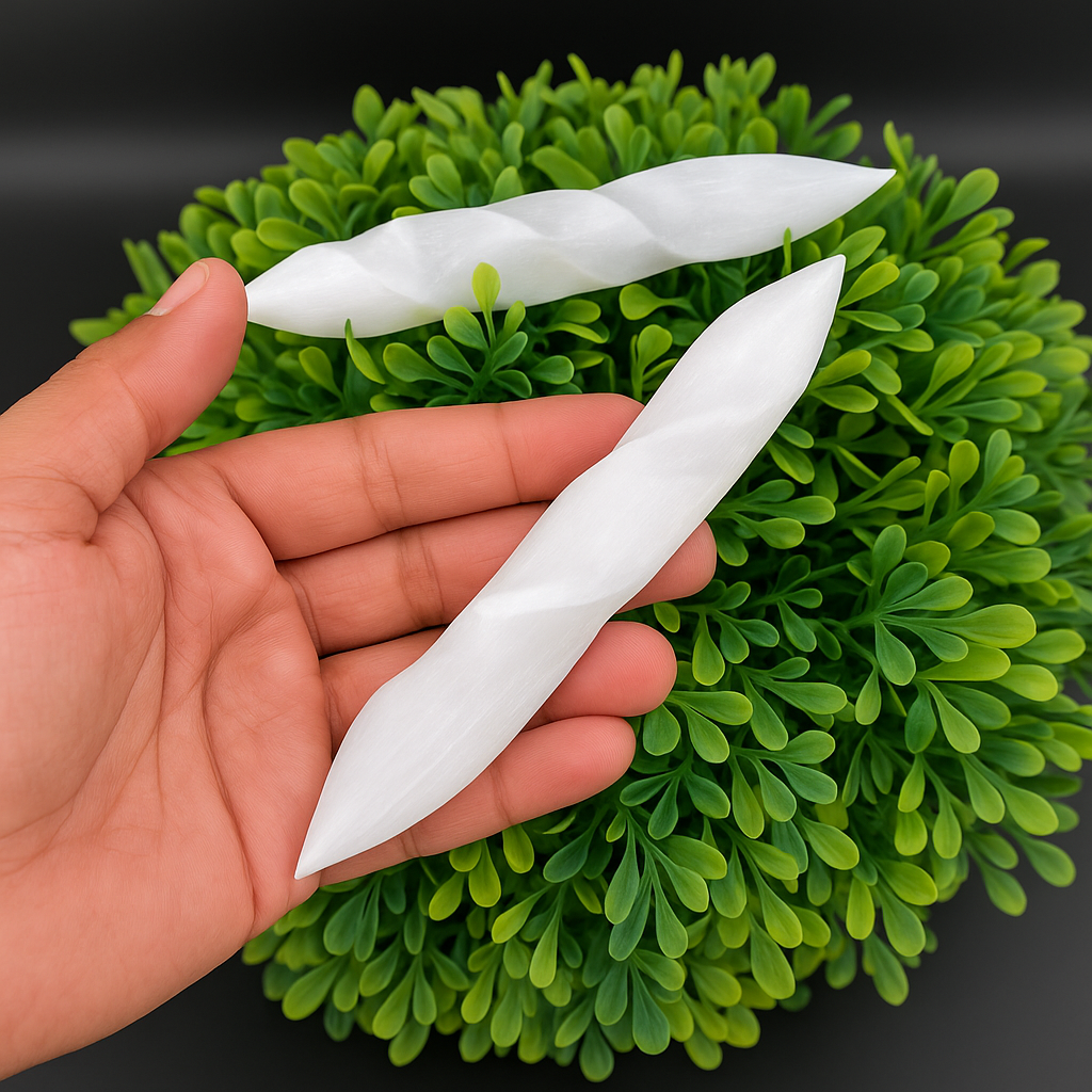 Selenite Spiral Double-Pointed Wand - Himalayan         Glow
