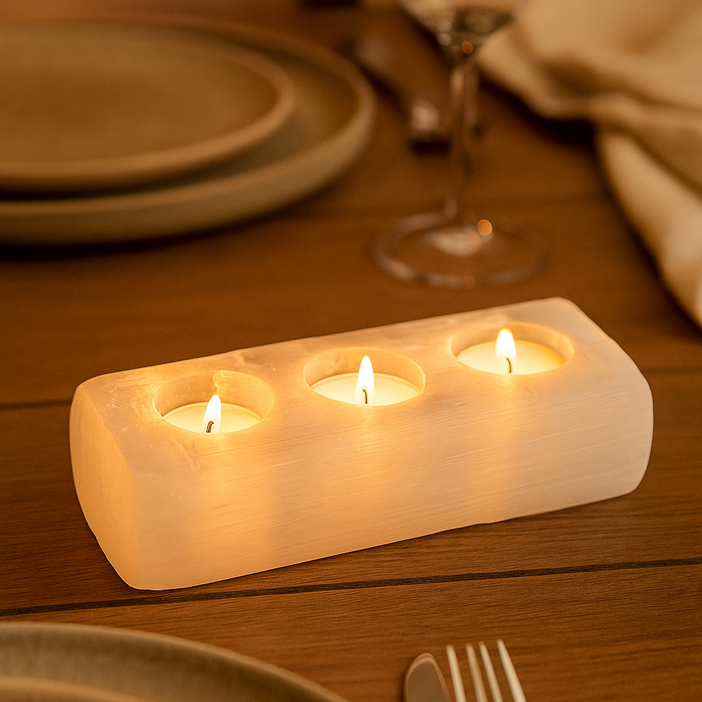 Selenite Tealight Holder – Bar 3 Holes - Himalayan         Glow