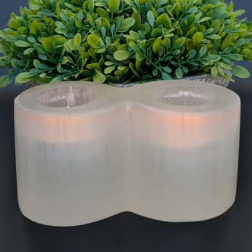 Selenite Tealight Holder - Cylinder 2 Holes - Himalayan         Glow