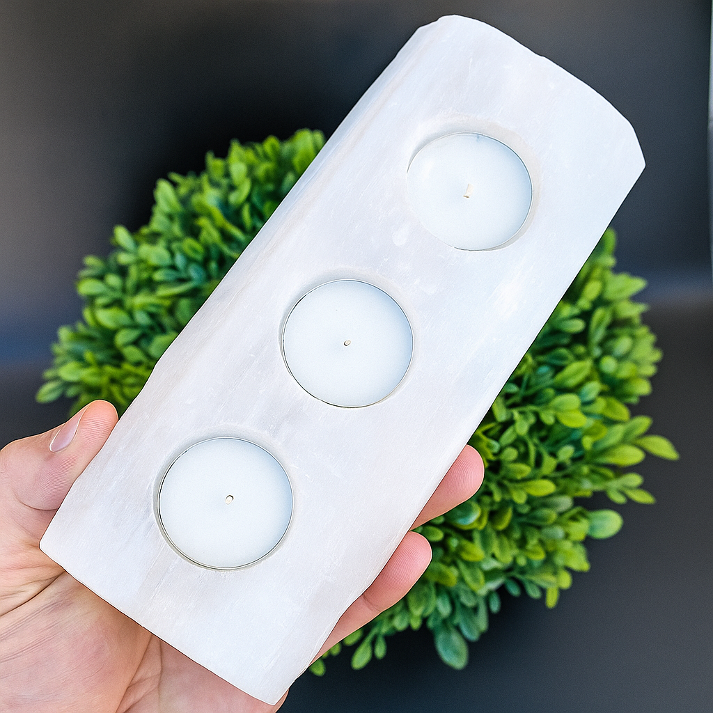 Selenite Tealight Holder – Bar 3 Holes - Himalayan         Glow